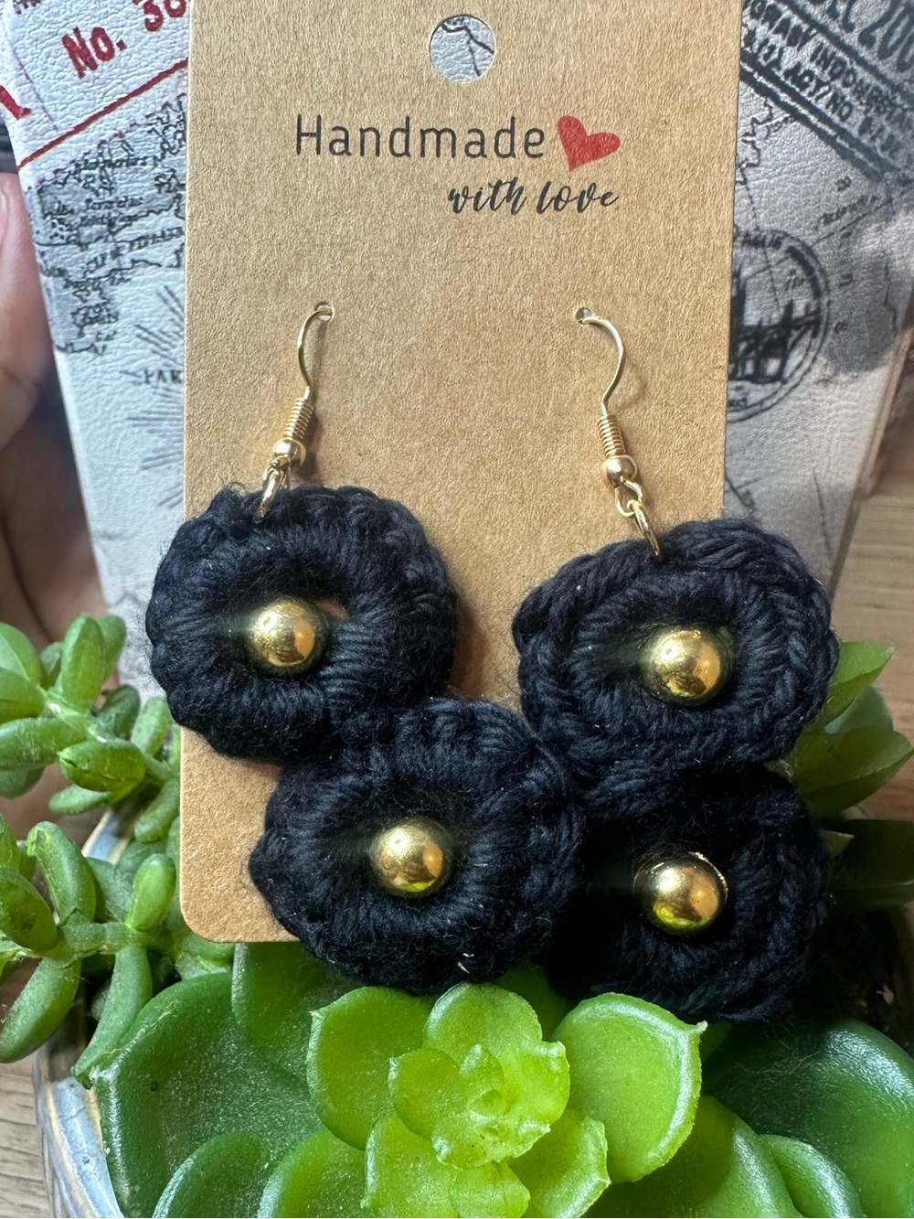 Handmade Black Crochet Flower Earrings with Gold Accents